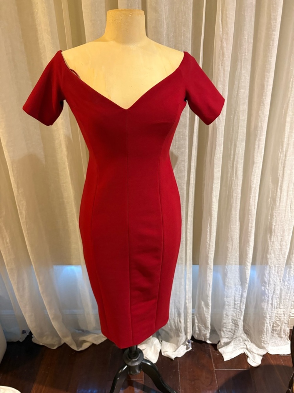 cinq a sept Crimson Off-Shoulder Midi Sheath Dress